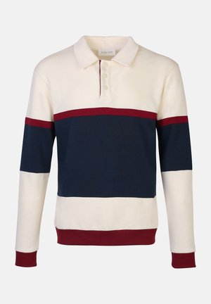 Camisa polo de manga larga en color crema, azul marino y burdeos. Con cuello, tres botones y un diseño en bloques de color horizontal. Textura suave.