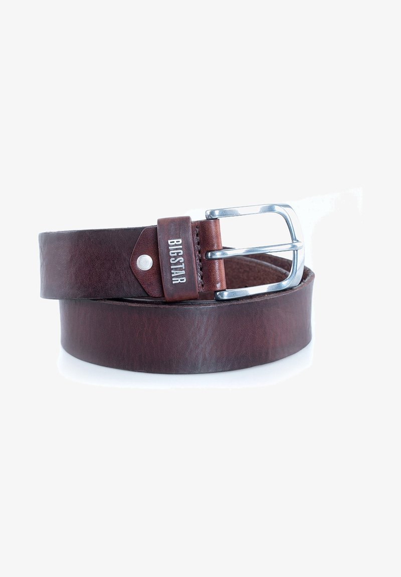 Brown leather belt with a textured finish, silver metal buckle, and a rectangular keeper featuring a branded tag.