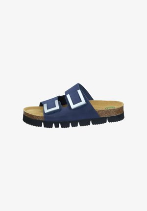 Navy blue slide sandal with two adjustable straps, white square buckles, and a contoured cork footbed. Features a textured black rubber sole.