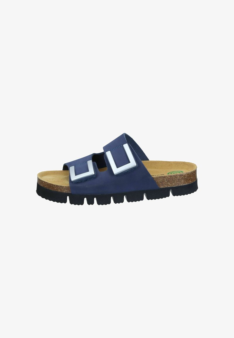 Navy blue slide sandal with two adjustable straps, white square buckles, and a contoured cork footbed. Features a textured black rubber sole.
