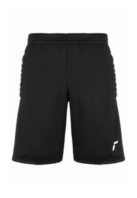 Pantalones cortos deportivos negros con cinturilla elástica, tela suave y acentos laterales texturizados. Incluye un logo blanco en la parte inferior frontal.