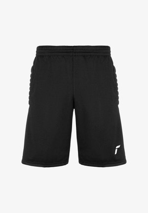 Zwarte sportshorts met een elastische tailleband, gladde stof en textuuraccenten aan de zijkanten. Bevat een wit logo aan de onderzijde vooraan.