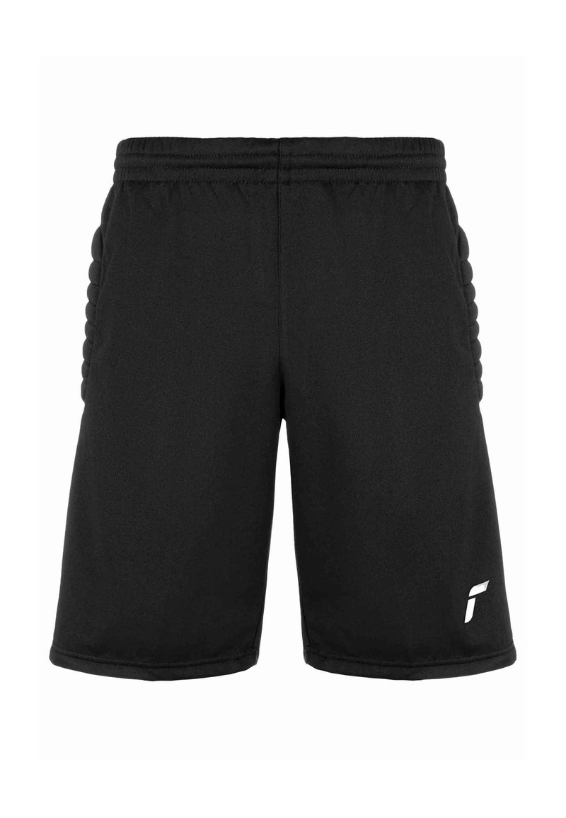 Pantalones cortos deportivos negros con cinturilla elástica, tela suave y acentos laterales texturizados. Incluye un logo blanco en la parte inferior frontal.
