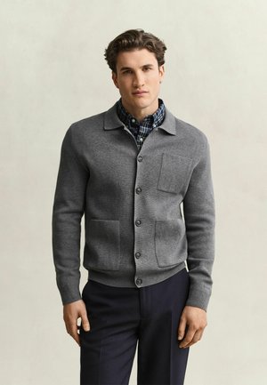Jeune homme aux cheveux bruns ondulés portant un cardigan gris boutonné par-dessus une chemise à carreaux bleue et un pantalon foncé sur un fond uni neutre.