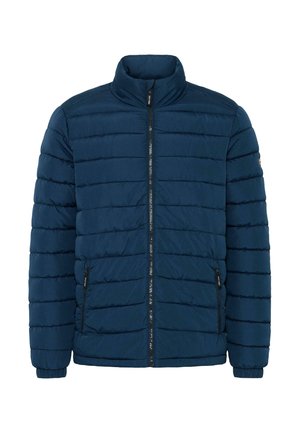 Navy puffer jacket with a high collar, horizontal quilted design, and two side zip pockets. Features elastic cuffs and a front zipper.