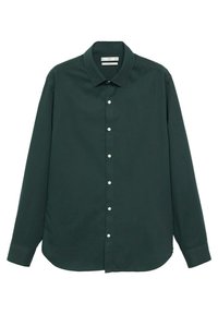Dark green long-sleeve shirt featuring a pointed collar, button-up front, and a curved hem. Made of smooth fabric with minimal texture.