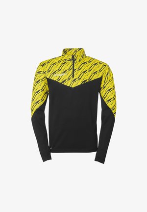 Langærmet sportshems med et lyst gult geometrisk mønster på toppen, en sort krop og en halv-zip krave for ventilation.