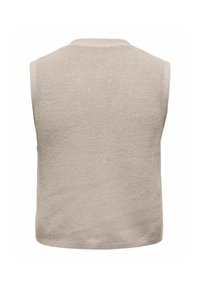 Beige ærmeløs sweater med et struktureret strikmønster, rund halsudskæring og lige snit. Rent, enkelt design uden yderligere detaljer.