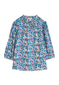 Blusa floreale con maniche lunghe, scollo rotondo, con un motivo multicolore di fiori blu, rosa e verdi su uno sfondo chiaro.