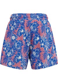 Rosa Shorts mit einem blau-weißen Blumenmuster, elastischem Bund und lockerer Passform. Hergestellt aus leichtem Material, geeignet für warmes Wetter.