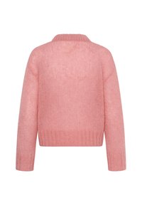 Pull en maille rose douce avec manches longues et poignets, ourlet et col côtelés, vu de dos.