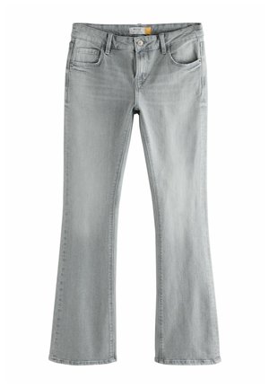 Grijze denim flared jeans met een klassiek vijf-pocket ontwerp, knoopsluiting en subtiele vervaging, voorzien van een standaard tailleband en rechte zoom.