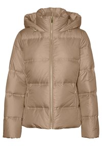 Beige toppatakki, jossa vetoketjullinen etuosa, huppu ja joustavat kiristysnyörit. Siinä on tikatut osiot ja kullanväriset metalliosat.