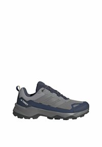 Grau und marineblaue Adidas Terrex Wanderschuhe mit griffiger Sohle und Schlaufe an der Ferse, entworfen für den Einsatz auf Outdoor-Wanderwegen.