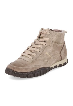 Beige suede high-top sneaker with thick beige laces, dark ridged sole, and stitched detailing on a white background.
