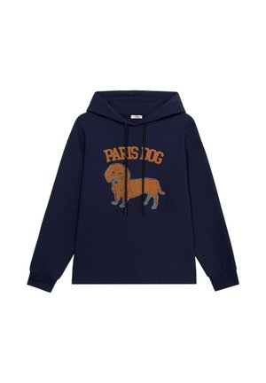 Sudadera azul marino con un diseño bordado de un dachshund y el texto "PERRO DE PARÍS". Incluye cordones negros y puños de canalé.