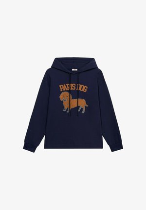 Sudadera azul marino con un diseño bordado de un dachshund y el texto "PERRO DE PARÍS". Incluye cordones negros y puños de canalé.