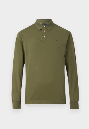 Olive green long-sleeve polo shirt made of soft fabric. Features a collared neck, three buttons, and a small logo on the chest.