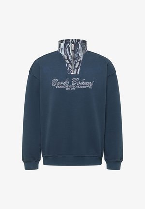 Sweat-shirt bleu marine avec col zippé au quart. Présente un col intérieur à motif et un texte de logo central. Tissu doux avec poignets et ourlet côtes.