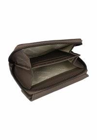 Brown leather wallet with a zip closure, featuring multiple card slots and a textured interior lining in light color.
