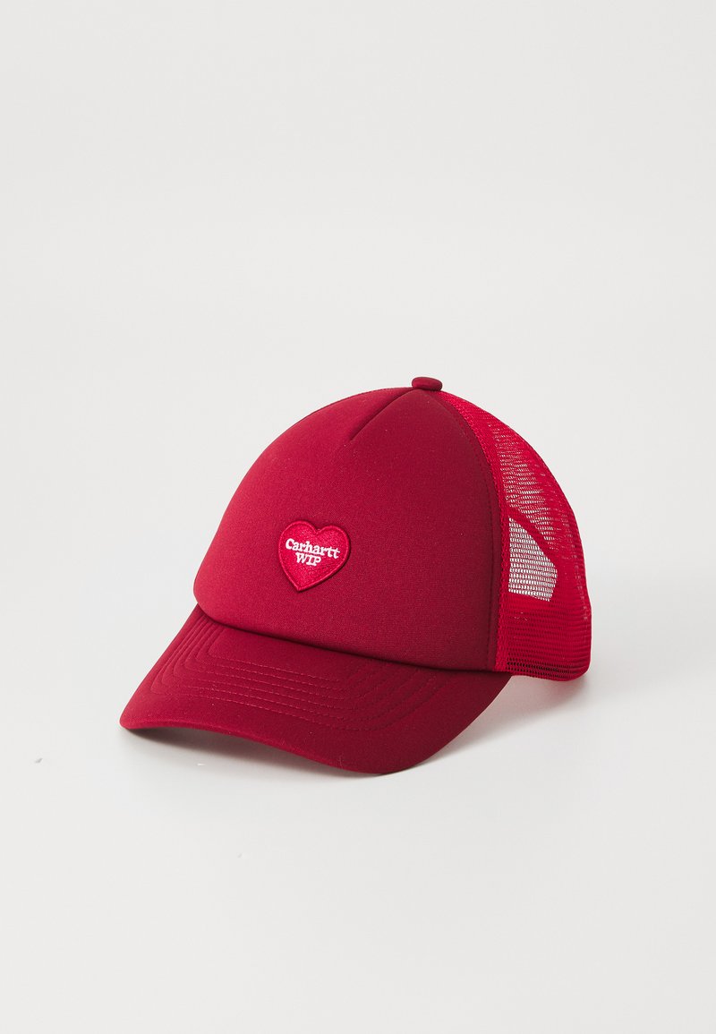 Red cap with a solid front and mesh back, featuring a heart-shaped embroidered logo. Curved visor, smooth texture, and adjustable strap.