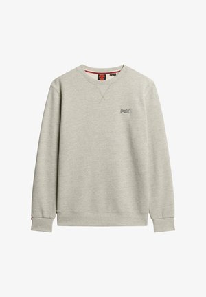 Sweatshirt en coton gris avec un col rond, des poignets côtelés et un petit logo brodé sur la poitrine. Texture lisse et coupe décontractée.