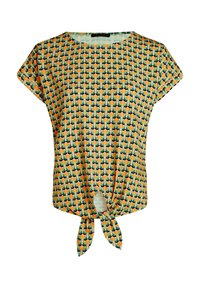 Lyhythihainen paita kevyestä kankaasta, jossa on monivärinen kukkakuosi, pyöreä pääntie ja solmimisnauha etureunassa.