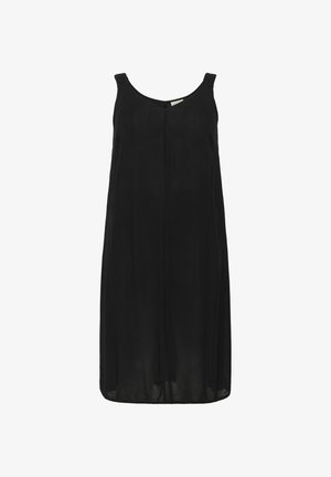 Schwarzes ärmelloses Kleid aus leichtem Material mit einem V-Ausschnitt und einer lockeren Passform. Das Design weist keine zusätzlichen Muster oder Akzente auf.