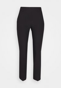 Zwarte, op maat gemaakte broek met een recht silhouet. Gemaakt van een gladde stof, met een vlakke voorkant en discrete zijzakken.