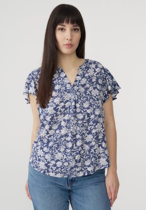 Blusa floreale blu navy con scollo a V e maniche corte a volant, caratterizzata da motivi floreali bianchi e una vestibilità comoda.