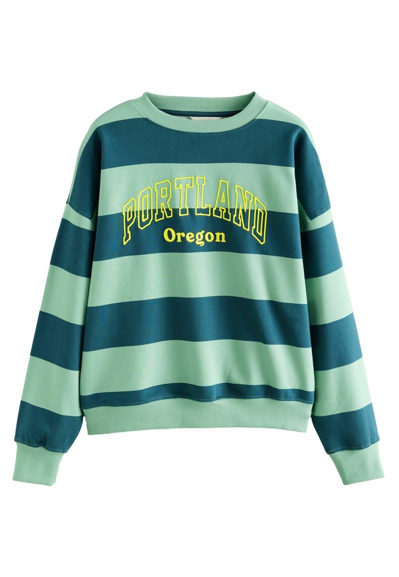 Sweatshirt rayat verde și bleumarin cu inscripția "PORTLAND" și "Oregon" în text galben, guler rotund și mansete ribbate la mâneci.