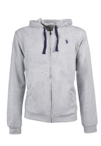 Sudadera con cremallera en gris, fabricada en un tejido suave, que cuenta con capucha con cordón, bolsillos tipo canguro y un pequeño logotipo en navy en el lado izquierdo del pecho.