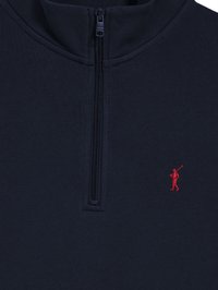 Marine kwart-zip pullover van textuurstof, met een rode polo speler logo op de borst en een rits met een beschermflap.