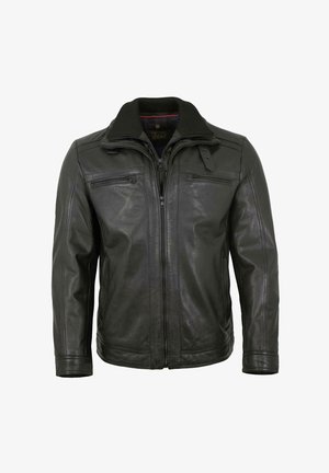 Schwarze Lederjacke mit geripptem Kragen, Frontreißverschluss und zwei Reißverschlusstaschen auf der Brust. Glatte Oberfläche und taillierte Passform.