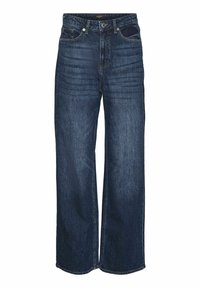 Vida vida mörkblå denimjeans med vida ben, slät yta, femficksdesign, knappstängning och kontrasterande sömnadsdetaljer.