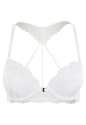 Weißer Spitzen-BH mit umrandeten Blumenmustern, gewellten Kanten und einem V-förmigen Rückenträgerdesign. Verfügt über einen zentralen Metallverschluss.