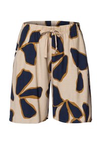 Herrenshorts mit beigem Hintergrund und großen dunkelblauen Blumenmustern. Mit elastischem Bund und Kordelzug. Hergestellt aus leichtem Stoff.
