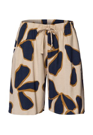 Męskie szorty o beżowym tle z dużymi ciemnoniebieskimi wzorami kwiatowymi. Posiadają elastyczny pasek w talii z sznurkiem do regulacji. Wykonane z lekkiego materiału.