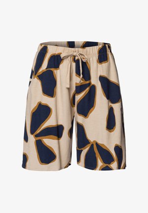 Męskie szorty o beżowym tle z dużymi ciemnoniebieskimi wzorami kwiatowymi. Posiadają elastyczny pasek w talii z sznurkiem do regulacji. Wykonane z lekkiego materiału.
