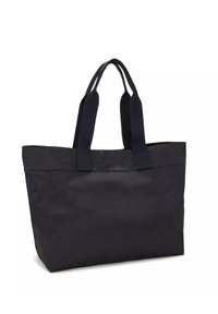 Borsa a spalla nera in tela con doppi manici, forma strutturata, texture liscia e design semplice. Nessun hardware visibile o motivi.