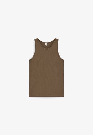 Sleeveless olive-green tank top with round neckline, laid flat on a white background, showing front view and fabric texture.