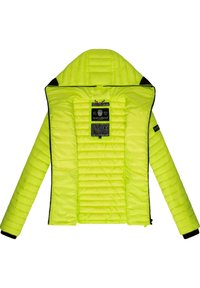 Bright neon yellow puffer jacket with a quilted design, zip closure, and a hood. Features black accents on cuffs and tag details inside.