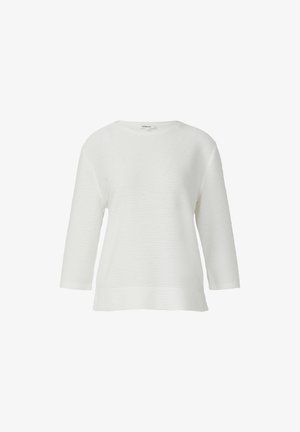 Witte lange mouwen top met een ronde hals en een textuur met ribben. De stof lijkt zacht en heeft een losse, comfortabele pasvorm.