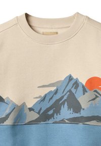 Sudadera de cuello redondo beige con gráfico de montaña y sol en tonos azules y naranjas, que presenta una textura suave y una banda inferior azul en contraste.