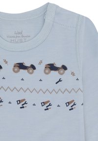 Body neonato azzurro chiaro con righe stampate di auto d'epoca, chiavi inglesi, seghe e cacciaviti in blu marino e marrone.