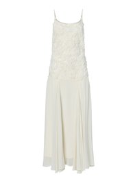 Λευκό φόρεμα με λουλουδάτο σχέδιο και τιράντες spaghetti, που διαθέτει υφασμάτινα ροζ appliqués στο μπούστο και φούστα από ρέον ύφασμα chiffon.