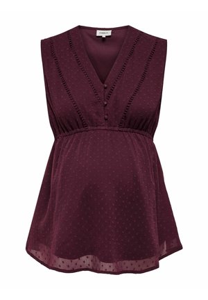 Bordeauxrode zwangerschapsblouse met een V-hals, plooien op de schouders, decoratieve knopen, een textuurstof en een empire-taille voor een losse pasvorm.