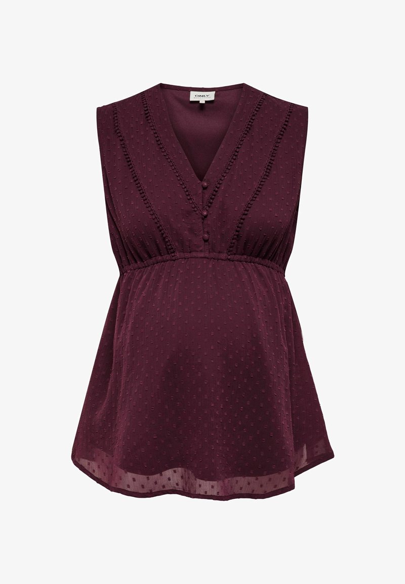 Blouse de maternité bordeaux avec col en V, plis aux épaules, boutons décoratifs, tissu texturé et taille empire pour une coupe décontractée.