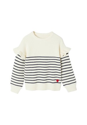 Cremefarbener Pullover mit dunkelblauen Streifen, gerippter Textur und Rüschendetails an den Schultern. Mit einem kleinen roten Herz-Emblem.