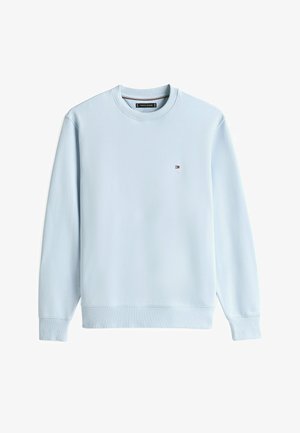 Jasnoniebieska bluza z długim rękawem i okrągłym dekoltem, z prążkowanymi mankietami i krawędzią, z małym logo Tommy Hilfiger na lewej piersi.